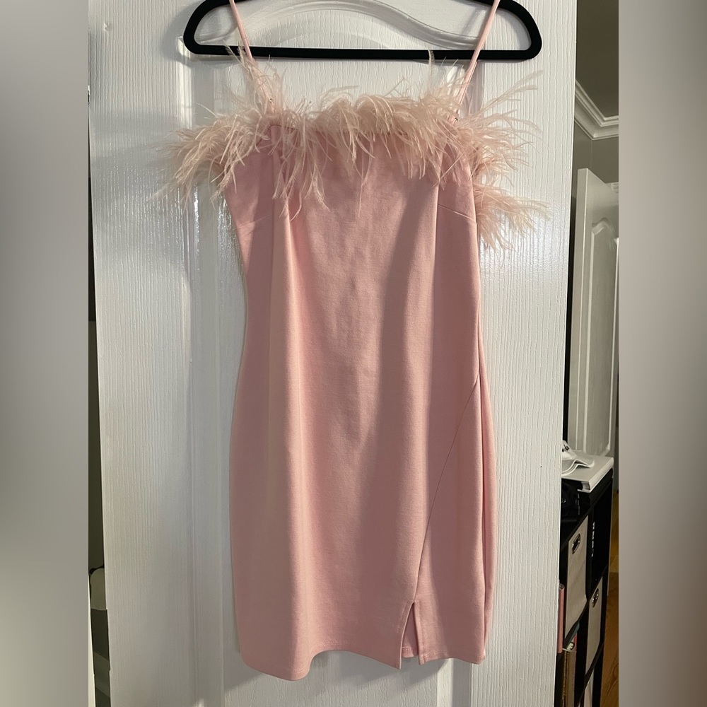 Feather Trim Spaghetti Strap Mini Dress in Blush Pink